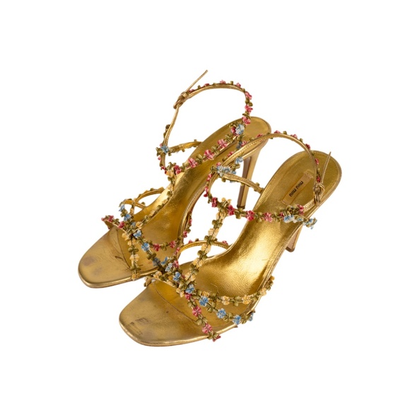 Miu Miu S/S 2004 Floral Gold Leather T-Strap Sandal Heels - Picture 2 of 6